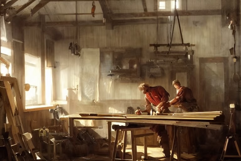 A cartoon of people wood working in a workshop